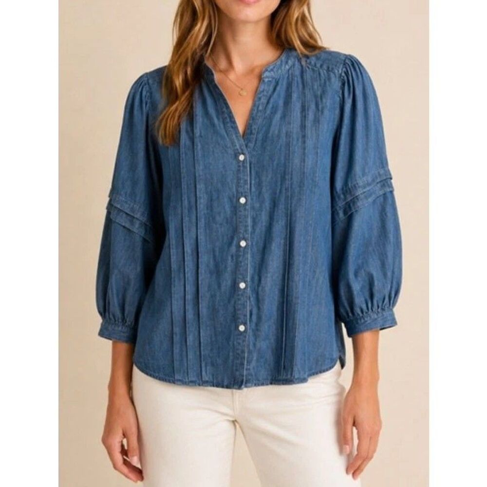 J. McLaughlin Chambray Balloon Sleeve Blouse Women's Size M Pintuck Fall Linen